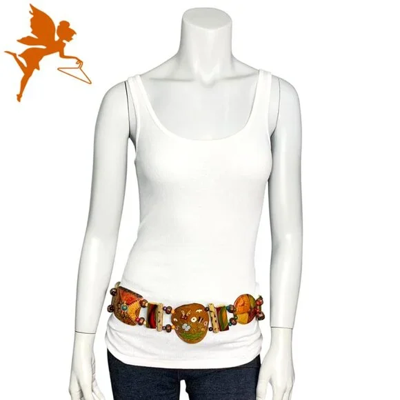 HANDPAINTED Leather, Coconut, Wood and Beaded Tie Belt display picture 1